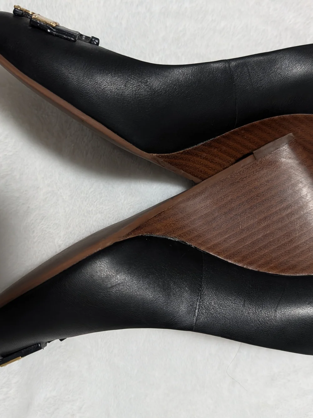 Tory Burch Black Leather Wedge Pumps with Gold Logo